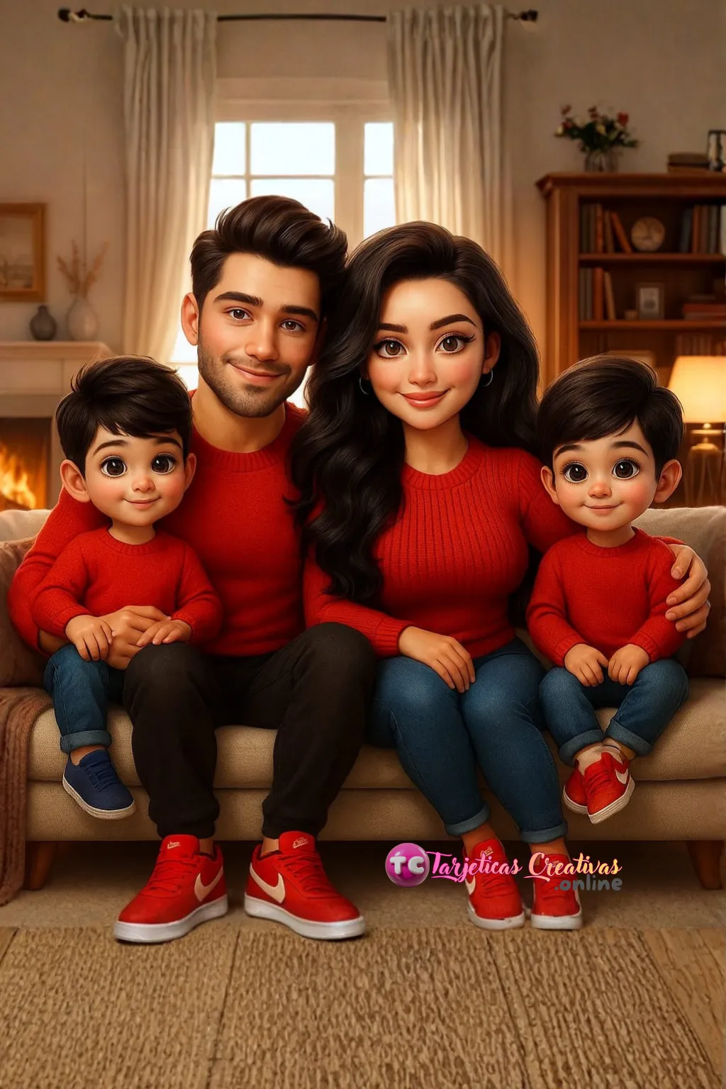 Papá mamá e hijo sonrientes sentados en el sofa de la sala